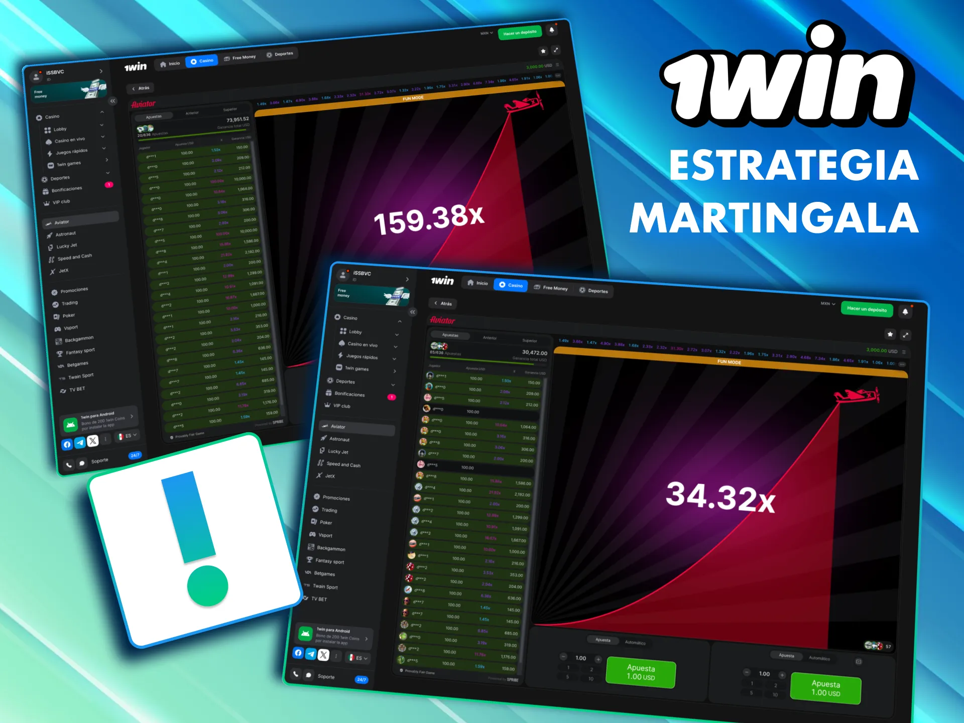 Juega Aviator en 1Win con Martingala y busca recuperar con la primera ganancia.