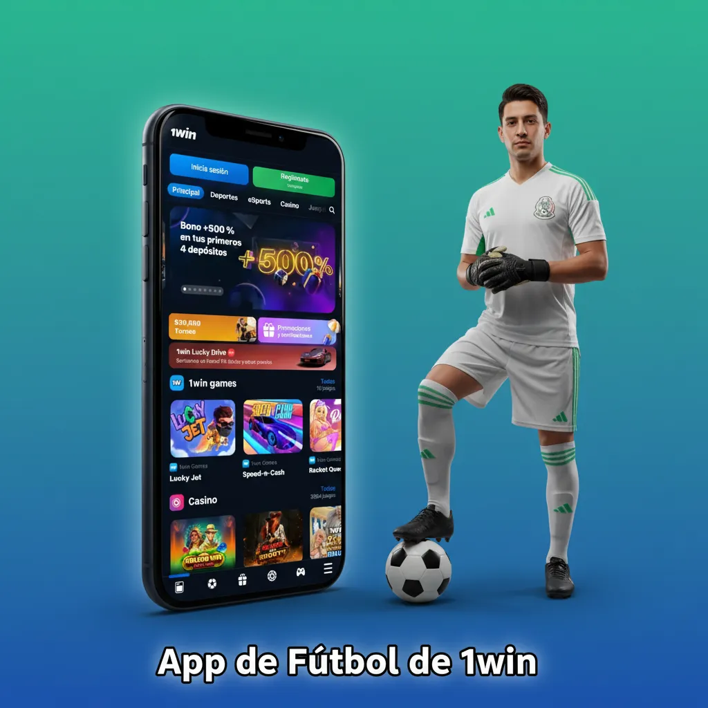 Pantalla de la app 1win con apuestas de f&uacute;tbol, momios en vivo, cash out y estad&iacute;sticas, disponible en Android y iOS.