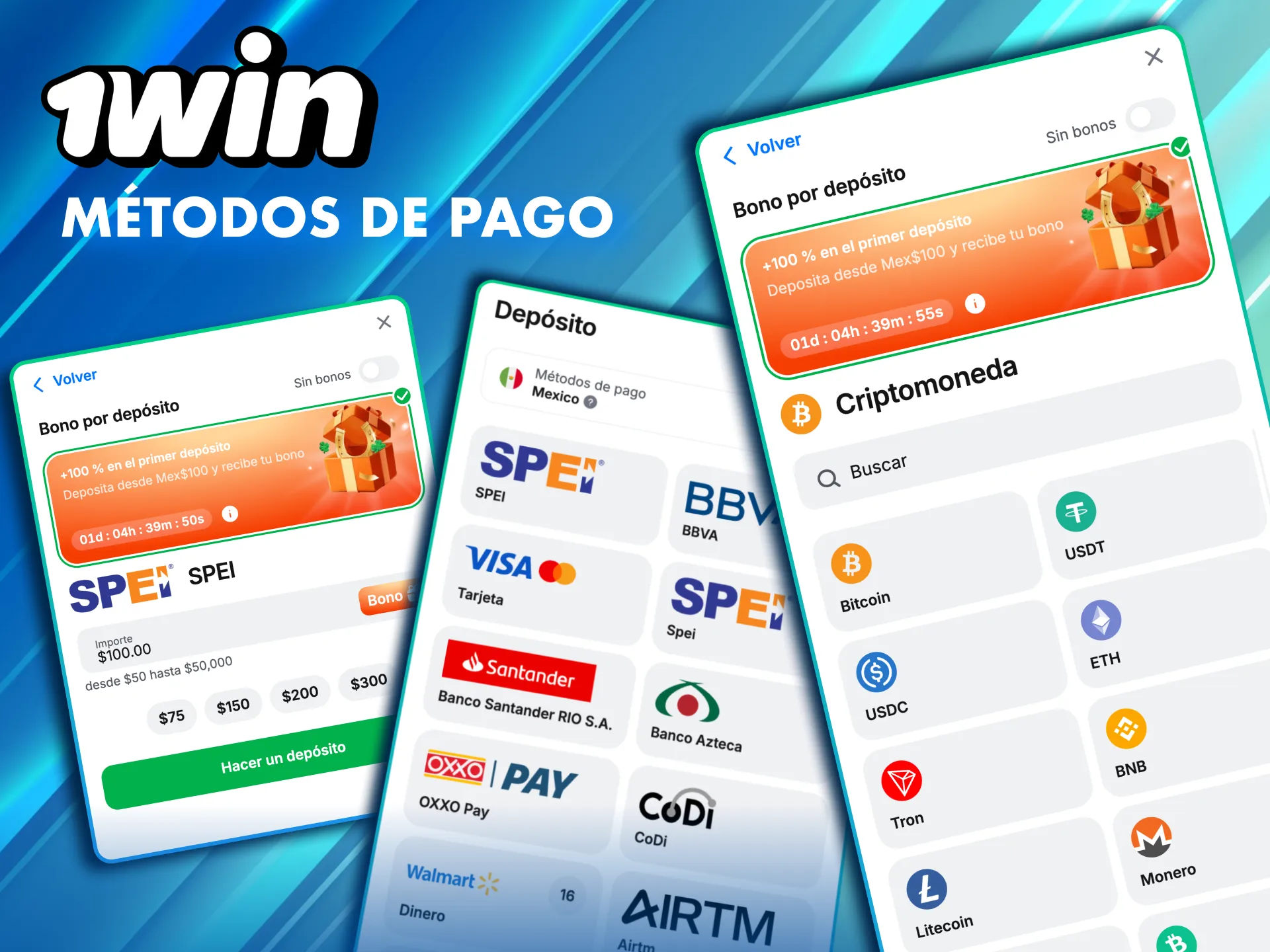 M&eacute;todos de pago locales disponibles en la app 1Win M&eacute;xico.