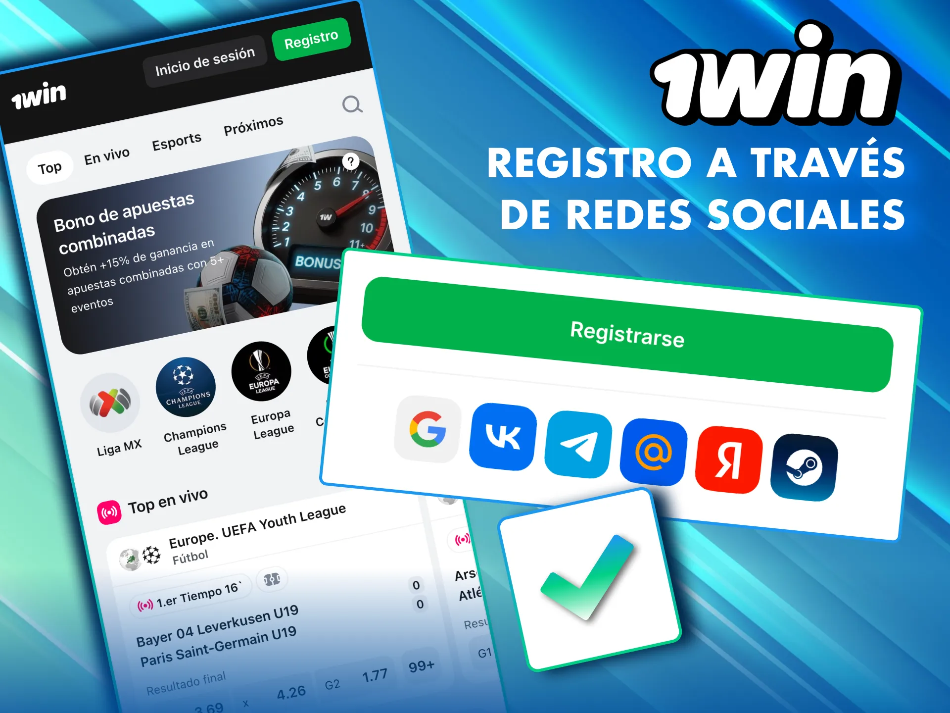 Registro en 1Win M&eacute;xico usando redes sociales como Google o Telegram.