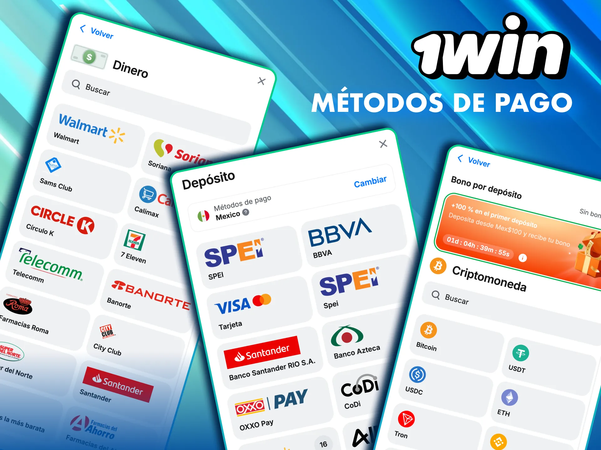 1Win M&eacute;xico acepta pagos con tarjetas, SPEI, Oxxo, billeteras electr&oacute;nicas y criptomonedas.